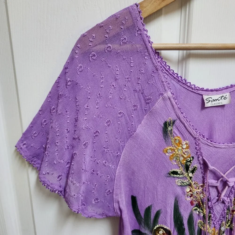 Sante Dress One Size Purple Floral Sequin Rhinestone Embroidered Hi Low Peasant